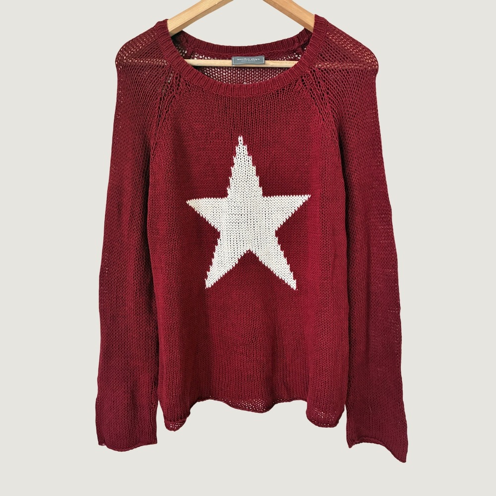 Wooden Ships Celestial Star Knit Sweater Burgundy Red White Cotton Blend M/L